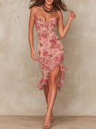 Ροζ - Κομψό Floral Ruched Bodycon Midi Φόρεμα με Ρυθμισμένο Σατέν